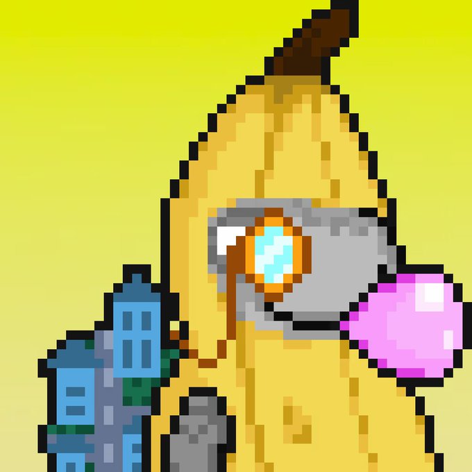 A pixel art illustration of a yellow banana-like character holding a pink object, set against a yellow background with blue buildings.