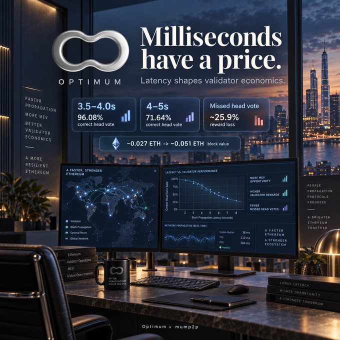 An infographic from Optimum titled 'Milliseconds have a price' showing latency data and Ethereum validator performance statistics on dual monitors.