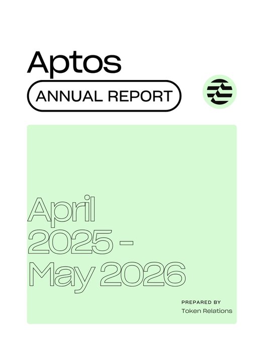 Cover of the Aptos Annual Report (April 2025 - May 2026), prepared by Token Relations, featuring Aptos branding and a green outlined design that complements the post highlighting @TokenRelations' ongoing coverage of the Aptos network's milestones.