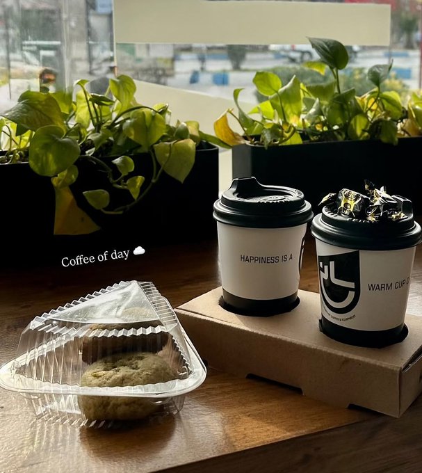 Two coffee cups labeled "HAPPINESS IS A" and "WARM CUP" sit on a wooden box next to a chocolate chip cookie in a plastic container, with "Coffee of day ☁️" text overlaid and green plants in the background.