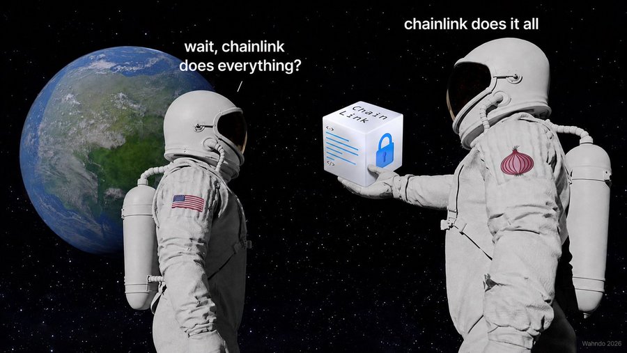 A meme featuring two astronauts in space with one handing the other a box labeled 'Chain Link' with a padlock icon, with text reading 'wait, chainlink does everything?' and 'chainlink does it all', credited to 'Wahyndo 2026'.