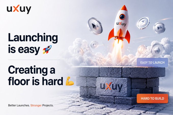 The image features an advertisement for launching a new product, with a rocket ship flying above a brick wall. Below the rocket, there are several coins scattered around the scene. The text " Launching is easy Creating a floor is hard" is written in white letters at the bottom of the image.