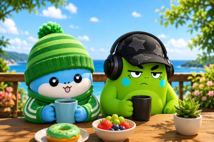 The image features two cartoon characters, one wearing a green hat with headphones and holding a cup of coffee while another character has a plate of fruit next to them. The scene takes place outdoors, possibly at a park or a similar setting. The characters appear to be enjoying their time together, engaging in various activities such as eating breakfast, drinking coffee, and listening to music through the headphones.