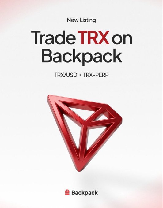 A minimalist promotional graphic announcing a 'New Listing' to 'Trade TRX on Backpack', featuring a red 3D TRX diamond logo and listing trading pairs TRX/USD and TRX-PERP.