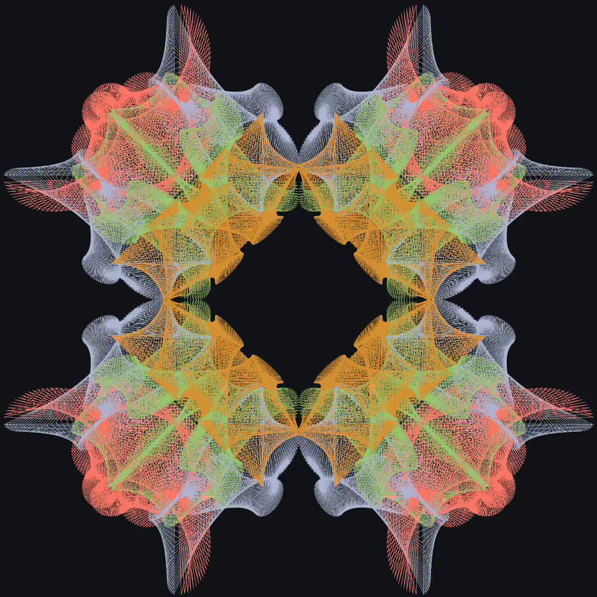 The image features a square-shaped design with a black background, composed of small lines that create an abstract pattern resembling jellyfish or a mint leaf shape. The design has a vibrant mix of colors including orange, green, blue, and pink. The text "jellyfish mint ↓" is written in the bottom right corner of the image.