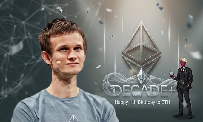 Promotional image featuring Vitalik Buterin alongside text 'DECADE+ Happy 11th Birthday to ETH' with an Ethereum logo.