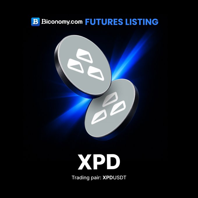 Biconomy.com announces the futures listing of XPD, with trading pair XPDUSDT, featuring two stylized silver coin tokens with a blue light burst on a black background.