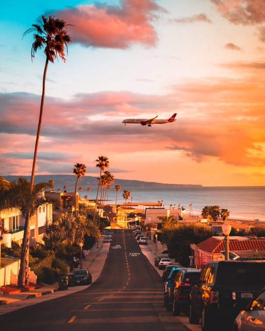 A scenic view down a palm-tree lined street leading to the ocean at sunset, with an airplane flying overhead and parked cars along the road.