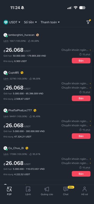 Screenshot of a USDT/VND P2P trading platform showing multiple sellers offering USDT at 26,068 with available amounts ranging from 2,508.67 to 47,324.21 USDT, illustrating the rapid price drop referenced in the post.
