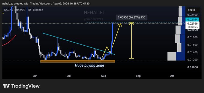A TradingView chart of **$SAGA/USDT** on Binance displays a massive **76.87% gain (0.00950)** from a marked "Huge buying zone" near **0.01200** in early August, with all take-profit levels hit as claimed in the post celebrating 113 consecutive wins.