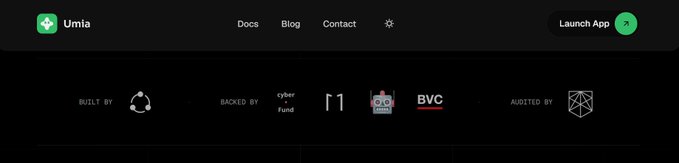 A website header for 'Umia' showing navigation links (Docs, Blog, Contact) and a 'Launch App' button, along with logos of backers including Cyber Fund, BVC, and others.