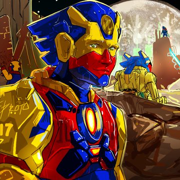 The image features a person in a blue and red suit with a yellow emblem, standing in front of an Egregorian robot that has a shield on its back. A second robot can be seen near a tower or building in the background, suggesting that they are part of some sort of futuristic world or event. The post refers to a character named Supreme Lord Money Skeleton and encourages viewers to put their sproto and tp into $27,000 with Egregore's help.