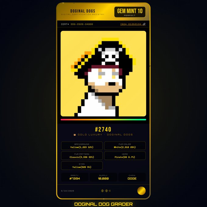 The image shows a cell phone screen displaying an advertisement for a pirate dog. The pirate dog's name tag reads "DOGNAL DOG GRADER", indicating that this is likely a product or service related to dogs, possibly offering training or other canine-related services. The text on the screen mentions that the pirate dog has been sold and is now available for purchase.
