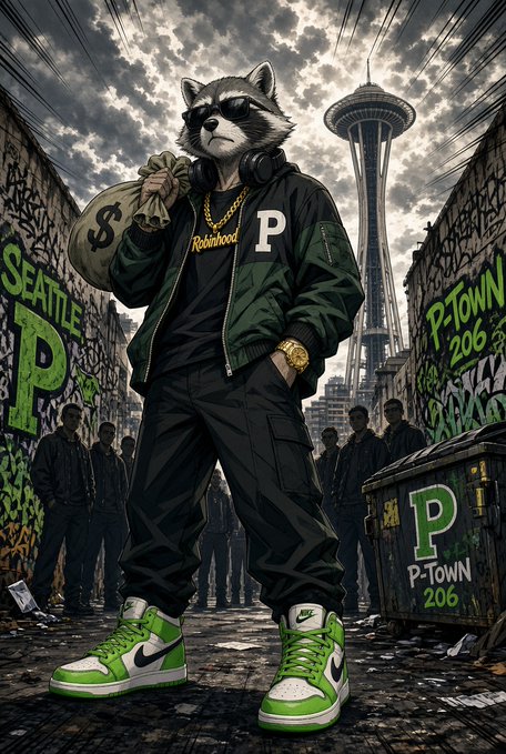 An illustrated anthropomorphic raccoon wearing sunglasses, a green jacket with a "P" patch, and green-and-white high-top shoes holds a money bag in front of the Space Needle, with graffiti-covered walls reading "Seattle P" and "P-Town 206."