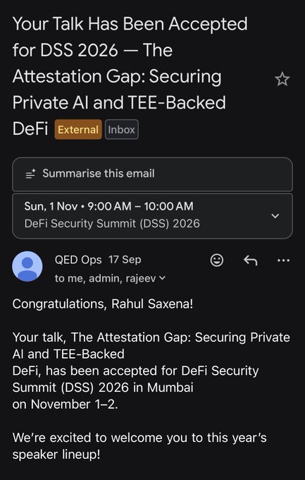 A Gmail inbox screenshot showing an email acceptance from 'QED Ops' dated '17 Sep' to user 'admin, rajeev' congratulating 'Rahul Saxena' for talk acceptance at 'DeFi Security Summit (DSS) 2026' in Mumbai.