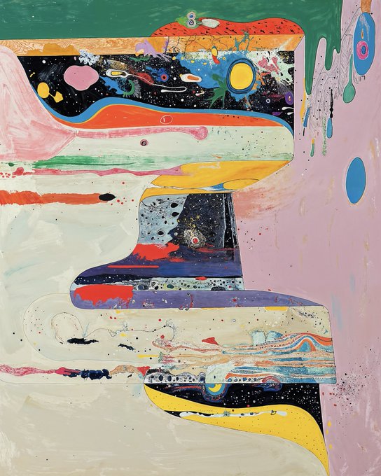 An abstract painting featuring bold swaths of color with cosmic elements like planets, stars, and swirling textures in vibrant hues.