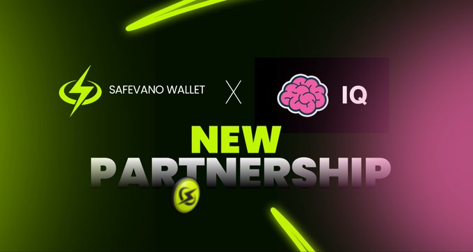 A promotional graphic announcing a new partnership between Safevano Wallet and IQ, featuring both logos alongside a pink brain icon and the bold text "NEW PARTNERSHIP" against a vibrant green and pink gradient background.