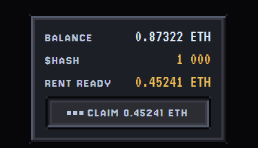 The image shows a crypto dashboard displaying a balance of 0.87322 ETH, 1,000 $SMASH tokens, and 0.45241 ETH ready to rent with a claim button. This ties to the post's mention of claiming ETH from "digital cat" (likely CryptoKitties or a similar NFT rental platform) and withdrawing earnings from the ponzi game $SMASH, which appears to have generated substantial passive yield despite critics calling for its collapse.