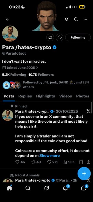A mobile screenshot of an X (Twitter) profile for 'Para /hates-crypto' (@Paradotsol), showing a pinned post about not waiting for miracles and disclaiming responsibility for coin performance.