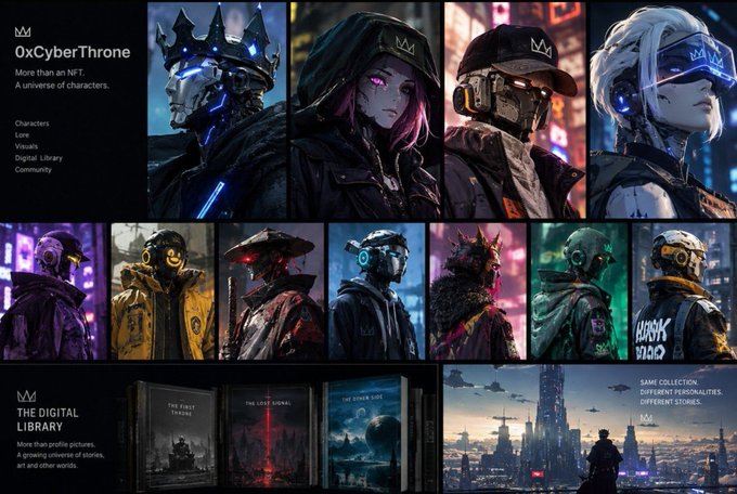 A digital art collection page titled '0xCyberThrone' featuring cyberpunk character portraits, with sections labeled 'Characters', 'Love', 'Virtual', 'Digital Library', and 'Community', plus 'THE DIGITAL LIBRARY' showcasing book covers.