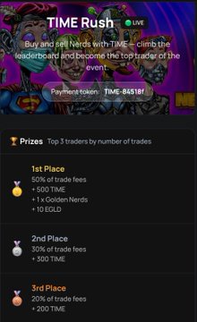 A "TIME Rush" live event page where traders can buy and sell Nerds to climb the leaderboard, with prizes for the top 3 traders including trade fees, TIME, and Golden Nerds.