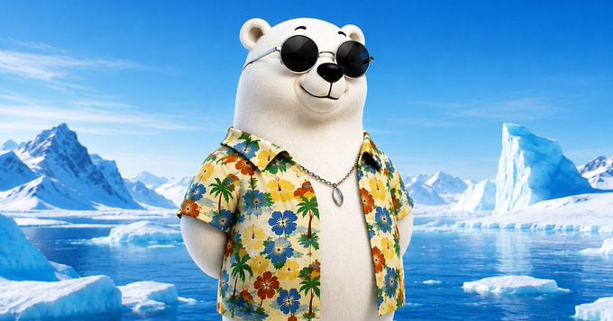 A 3D-rendered polar bear wearing sunglasses and a yellow floral Hawaiian shirt stands against a backdrop of icebergs and ocean.