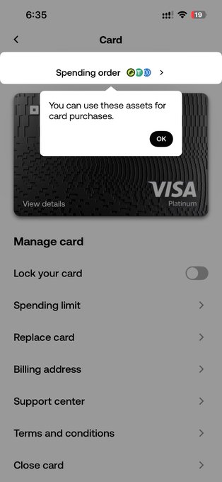 A mobile app screenshot of a 'Card' management screen for a Visa Platinum card, displaying options to lock the card, set spending limits, and view billing address.