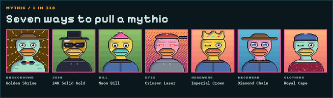 A graphic titled 'MYTHIC / 1 IN 310 - Seven ways to pull a mythic' showing seven different NFT duck characters with various attributes including Background (Golden Shrine), Skin (24K Solid Gold), Bill (Neon Bill), Eyes (Crimson Laser), Headwear (Imperial Crown), Neckwear (Diamond Chain), and Clothing (Royal Cape).