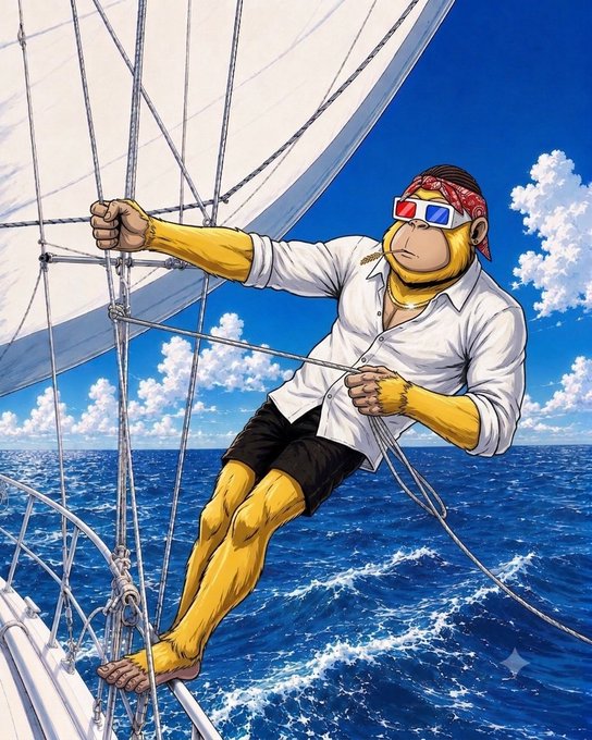 Anime-style illustration of a muscular monkey wearing 3D glasses and a red bandana, sailing a boat on the open ocean.