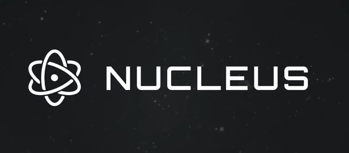 A minimalist logo design featuring an atom symbol next to the word 'NUCLEUS' on a dark, starry background.