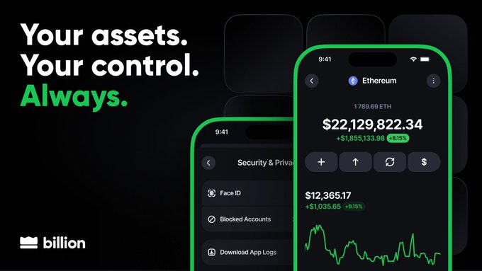 An advertisement for the 'billion' crypto app with the text 'Your assets. Your control. Always.' displaying an Ethereum balance of $22,129,822.34 on a smartphone.