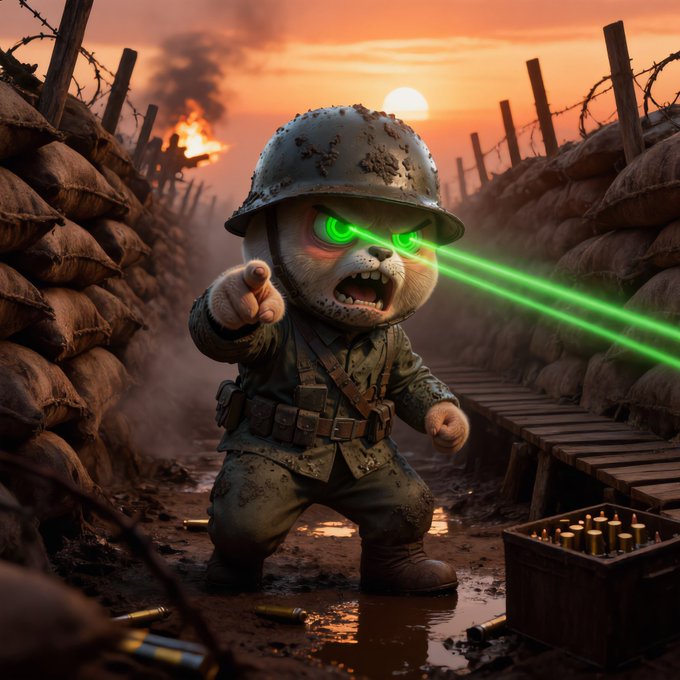 An AI-generated image of an anthropomorphic cat soldier in WWI-style uniform and helmet, with glowing green laser eyes, pointing forward in a muddy trench at sunset.