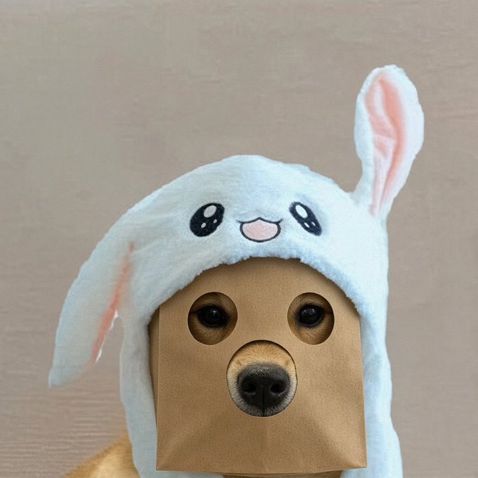 A dog wearing a fluffy light blue bunny hat with floppy ears has a cardboard bag with cut-out holes placed over its head, with only its eyes and nose visible through the openings.