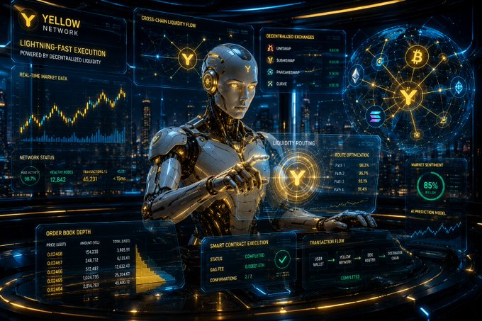 A robot with a human-like face and arms, wearing headphones, points at a computer screen displaying financial data and graphs against a city skyline backdrop.