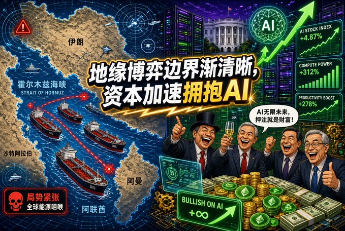 A promotional graphic with Chinese text highlighting geopolitical tensions and AI investment, showing the Strait of Hormuz, oil tankers, the AI stock index up 4.87%, compute power up 312%, and business figures celebrating AI wealth.