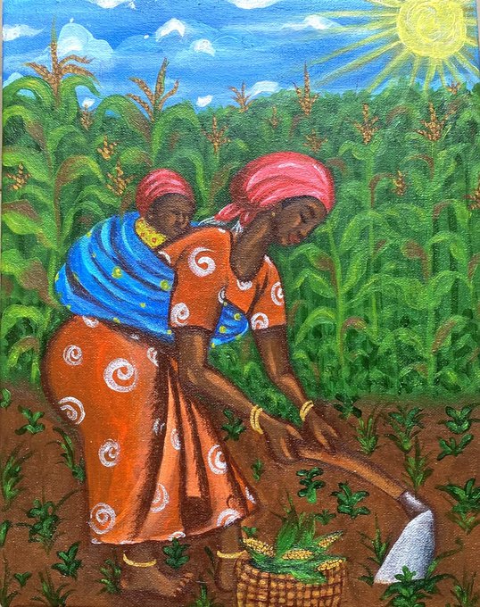 A colorful folk-art style painting of two women in traditional dress (orange and blue patterned clothing with red headwraps) harvesting corn in a field under a bright sun.