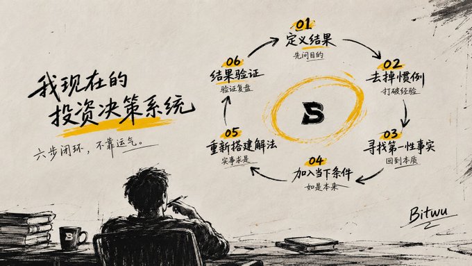 A hand-drawn diagram in Chinese illustrating a six-step investment decision system, featuring a person writing at a desk and a central 'B' logo, signed 'Bitwu'.