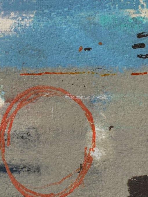 An abstract painting features a large, imperfect red-orange circle on a textured gray surface, with a band of blue and scattered marks at the top.