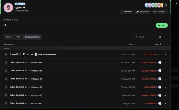 A dark-themed cryptocurrency wallet transaction history for user 'Cygasm' showing multiple failed transactions on Sep 28, including multiple 'Called Batch Call on' entries with negative PENGU values and a Bridged 0.221 ETH transaction.