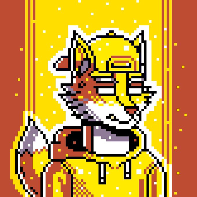 A pixel art illustration of an anthropomorphic character with cat ears wearing a cap, set against a yellow background with white dots and red side borders.