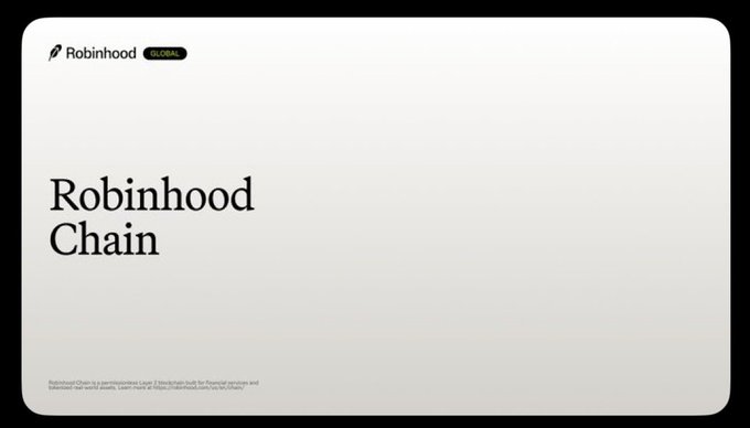 The image shows a clean, minimalist announcement graphic from Robinhood featuring the Robinhood feather logo with a "GLOBAL" badge in the top left, alongside large text reading "Robinhood Chain," visually corresponding to the news of Robinhood launching its own Layer 2 blockchain.