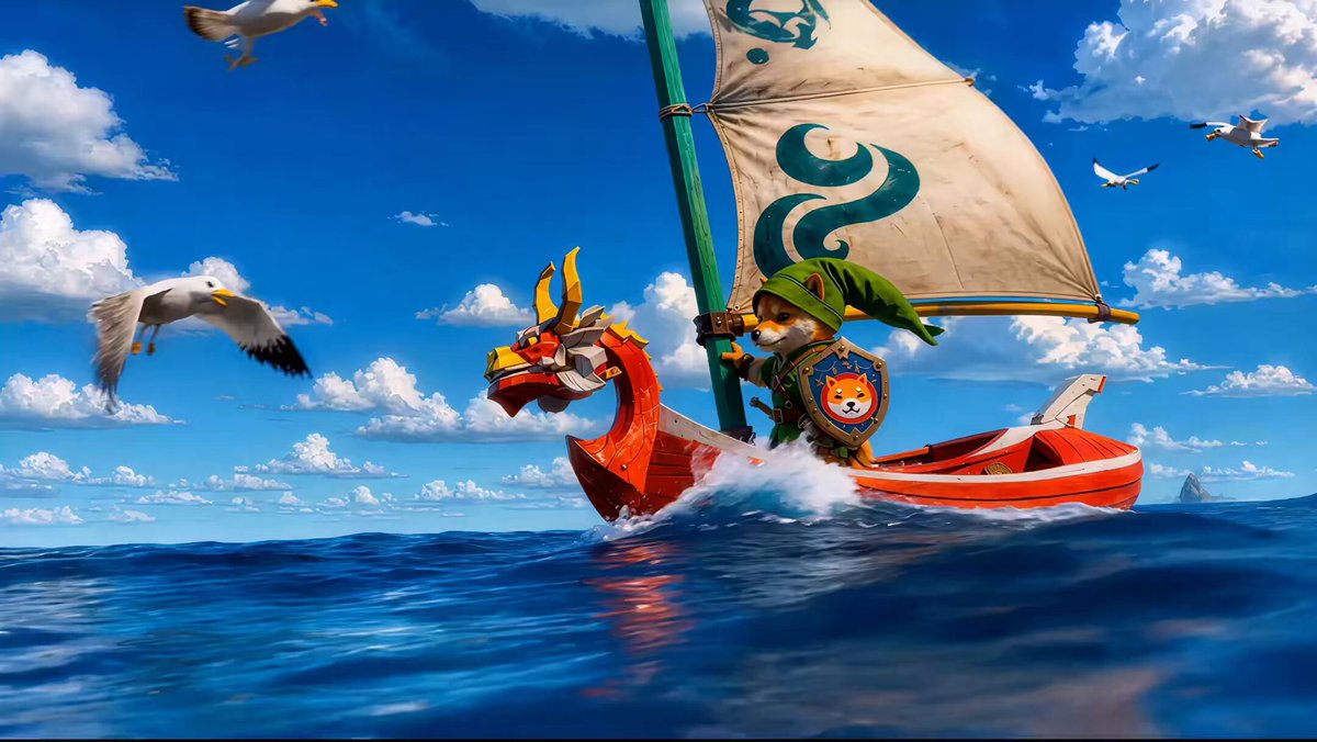The image features a red sailboat with a dragon design, sailing across the ocean under a blue sky dotted with clouds. The boat has a person on board who appears to be a sailor or a pirate, wearing a green shirt and holding onto a flag. There are several seagulls flying around the boat, adding to the atmosphere of the scene. 

The post that accompanies this image is titled "Even the smallest heroes can change the fate of a kingdom #SHIB Fan-Made Tribute #ShibArmy #Shibarium #ZeldaInspired #Gaming". The title suggests that the sailboat and its occupants are part of an adventure or story, possibly inspired by the Legend of Zelda video game series.