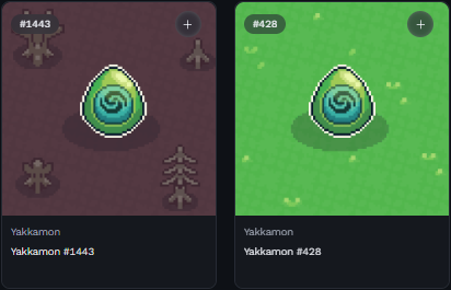 Two digital collectible cards from the 'Yakkamon' series (#1443 on a red background and #428 on a green background), each featuring a blue egg with a spiral emblem.