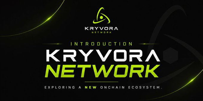 Dark banner introducing 'Kryvora Network' with a green and yellow triangular logo and tagline 'Exploring a new onchain ecosystem.'