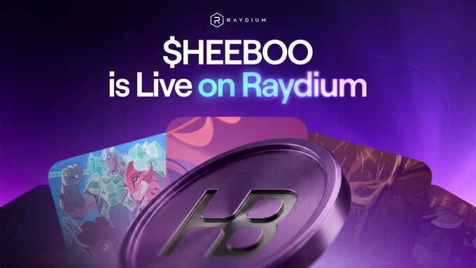 A promotional graphic with a purple background features the Raydium logo and bold text reading "$HEEBOO is Live on Raydium," accompanied by a large metallic coin stamped with the "HB" symbol and stylized cartoon character cards, visually announcing the launch of the $HEEBOO token on the Raydium exchange.