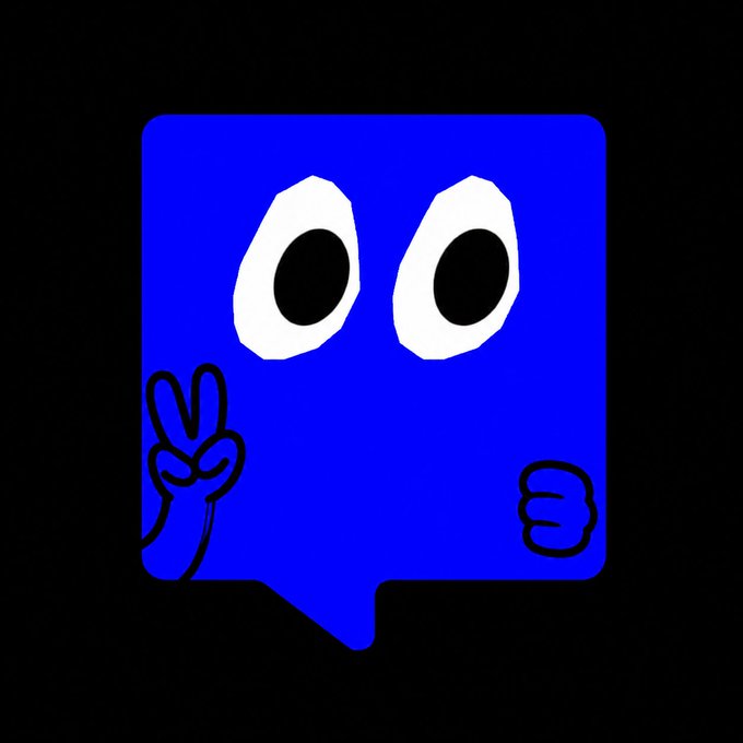 The image features a blue square with eyes, giving it a cartoon-like appearance. The eyes are black and white, adding contrast to the overall design. The square has a peace sign written below it, indicating a sense of harmony or agreement. The background is black, which further emphasizes the vibrant colors of the square and its message.