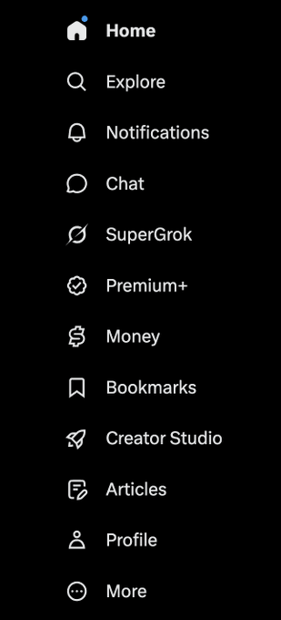 A mobile app navigation menu with options including Home, Explore, Notifications, Chat, SuperGrok, Premium+, Money, Bookmarks, Creator Studio, Articles, Profile, and More.