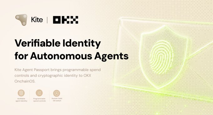 The image is a promotional graphic announcing a partnership between **Kite** and **OKX**, titled "**Verifiable Identity for Autonomous Agents**," highlighting that "**Kite Agent Passport** brings programmable spend controls and cryptographic identity to **OKX OnchainOS**." Three feature icons at the bottom emphasize "verifiable agent identity," "programmable spend controls," and "human-held kill switch," visually reinforcing the post's focus on answering who authorizes an agent's transactions and within what limits.