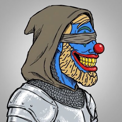 A cartoon illustration of a knight-like figure wearing a hood, chainmail, and armor, with a humorous blue-painted face, red clown nose, and exaggerated yellow grin.