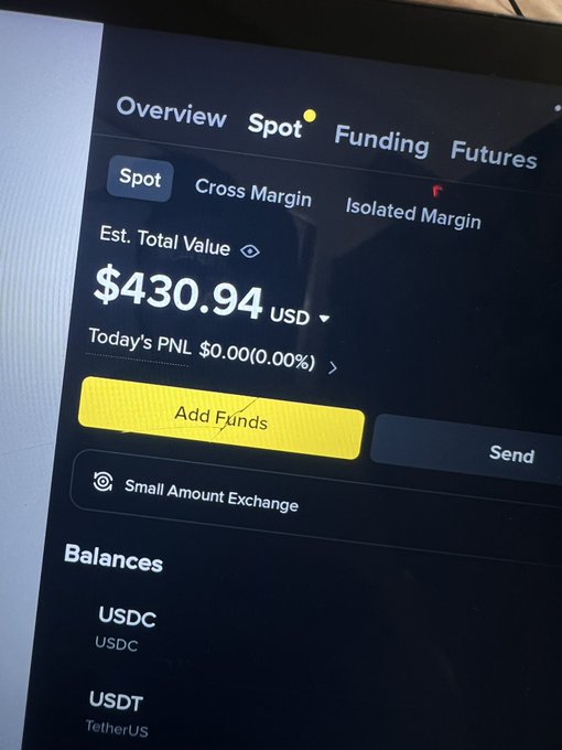A Binance Spot wallet overview showing an estimated total value of $430.94 USD, with USDC and USDT balances listed below.